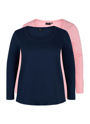 Basic cotton blouse 2-pack, Navy B/Blush, Packshot image number 0