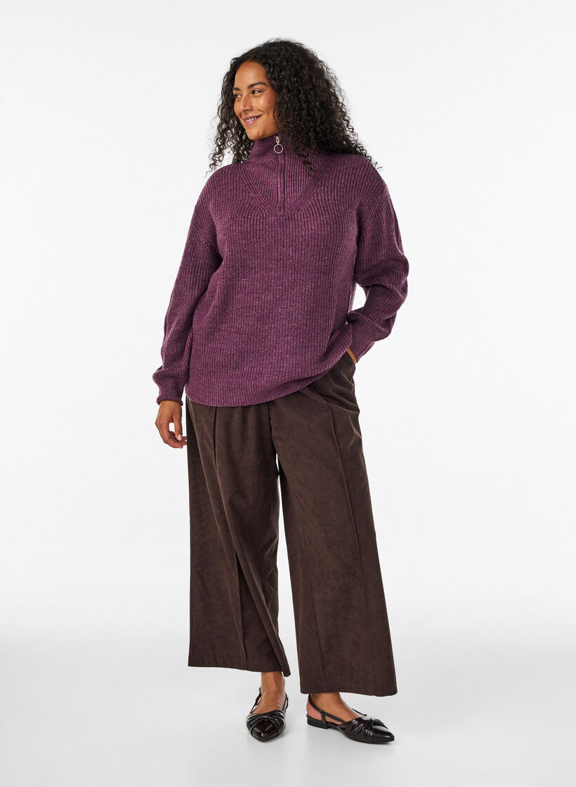 Knitted sweater with high neck and zipper, Purple, Model image number 1