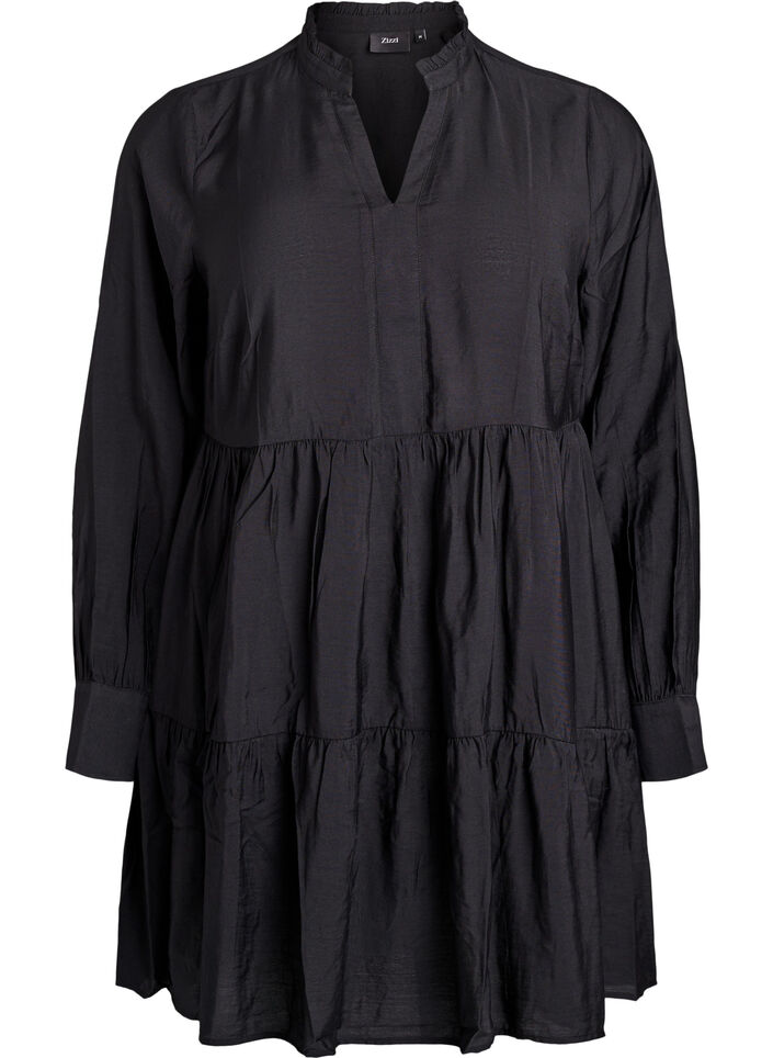 A-line dress with ruffle collar, Black, Packshot image number 0