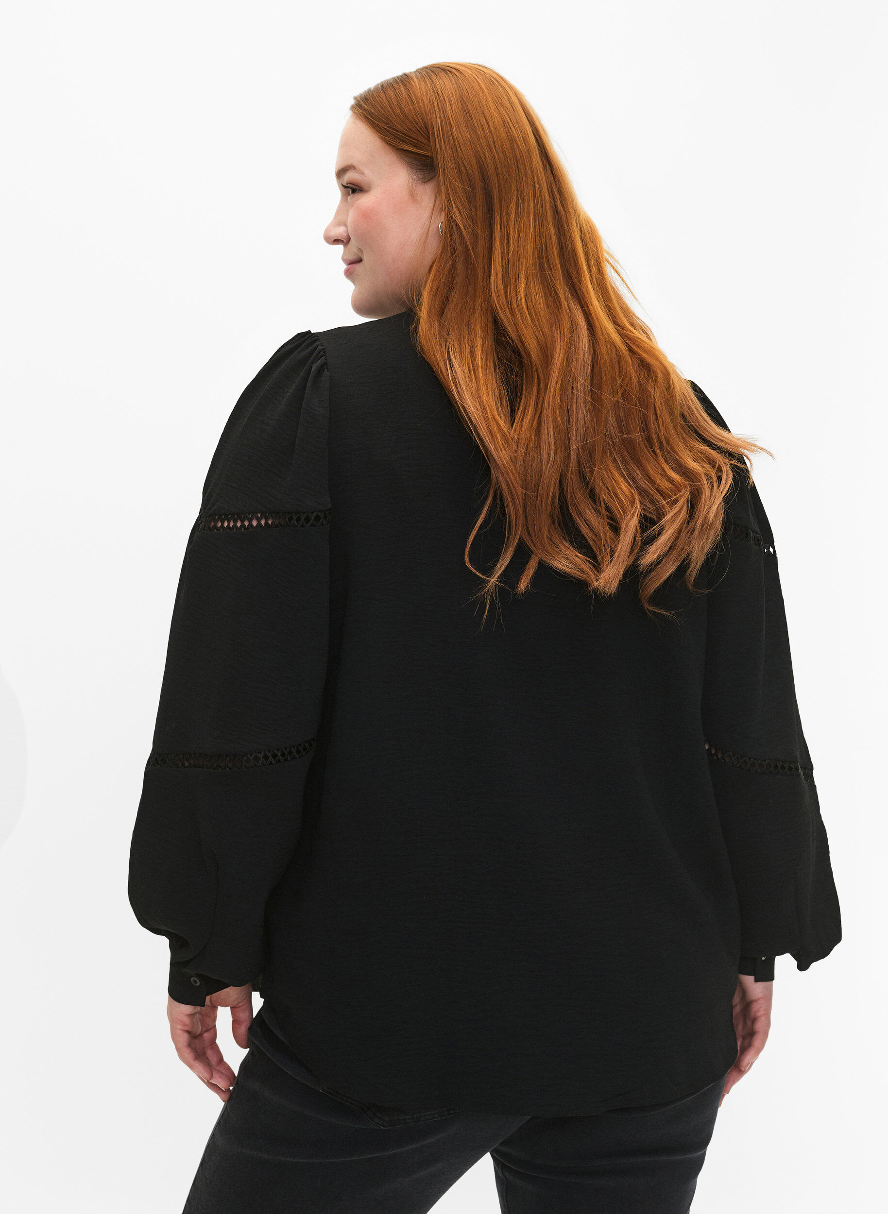 Zizzifashion Shirt blouse with crochet details, Black, Model image number 1