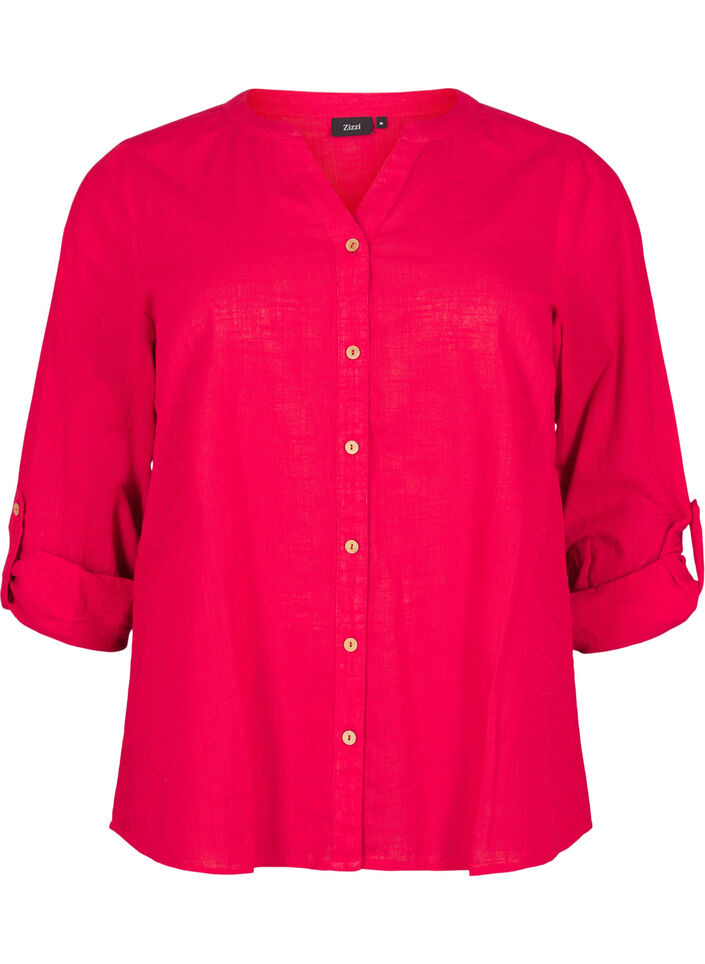Cotton shirt blouse with a v-neck, Red, Packshot image number 0