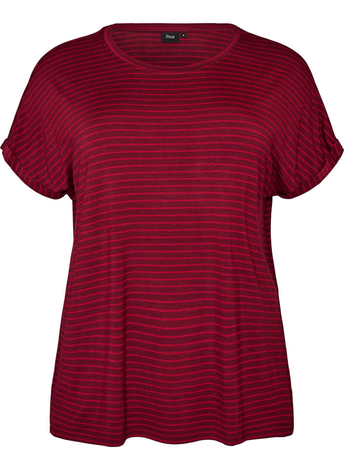 Striped T-shirt in viscose with a round neck, Red, Packshot image number 0