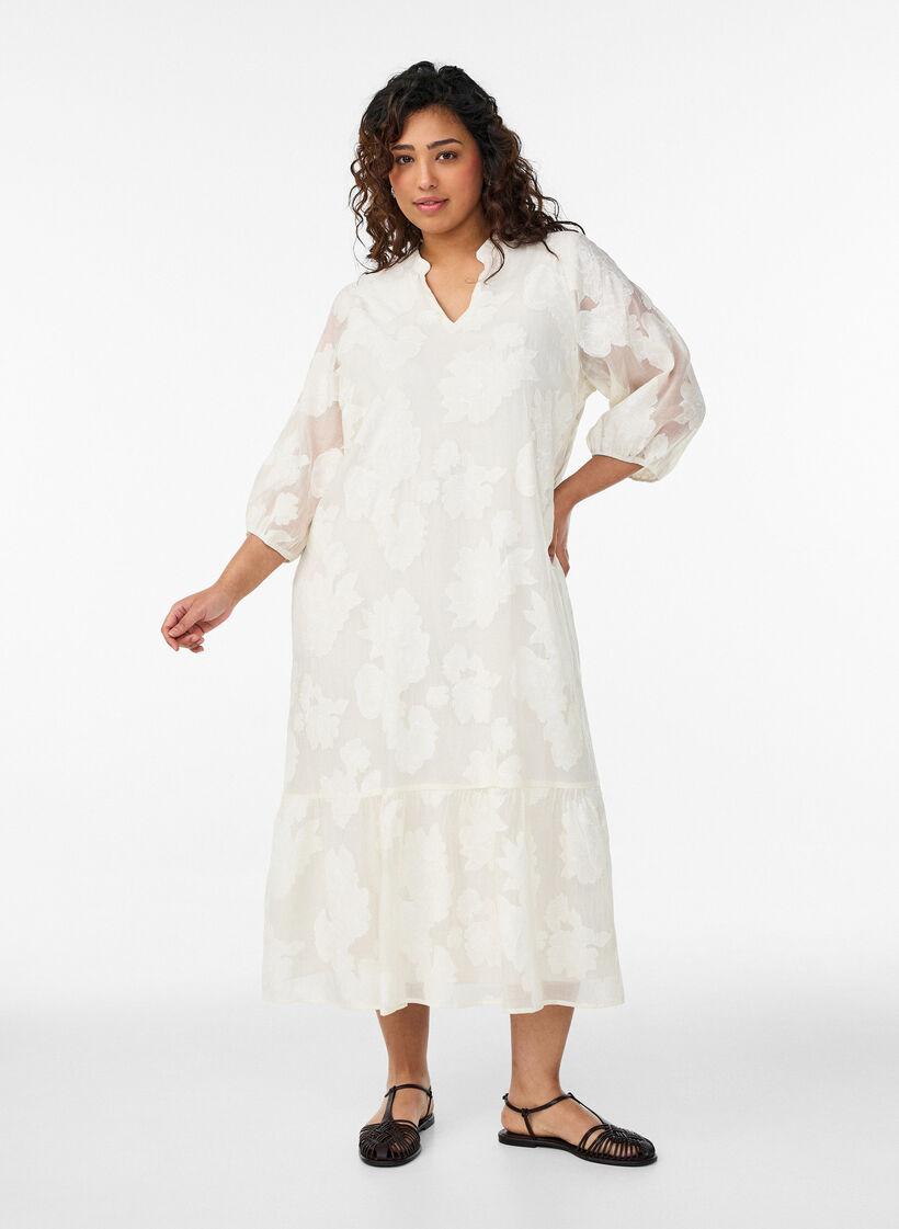 Midi dress with a floral print and sheer 3/4 sleeves, Beige, Model image number 0