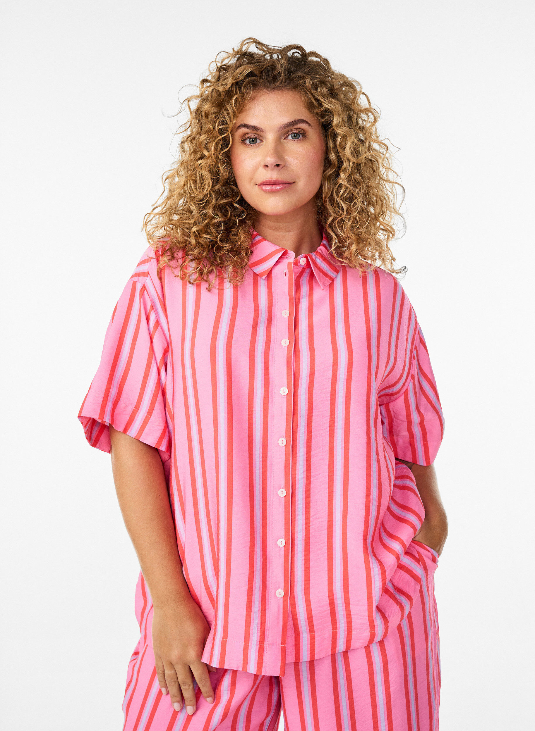 ZizzifashionStriped viscose shirt with short sleeves, Pink, Model image number 0