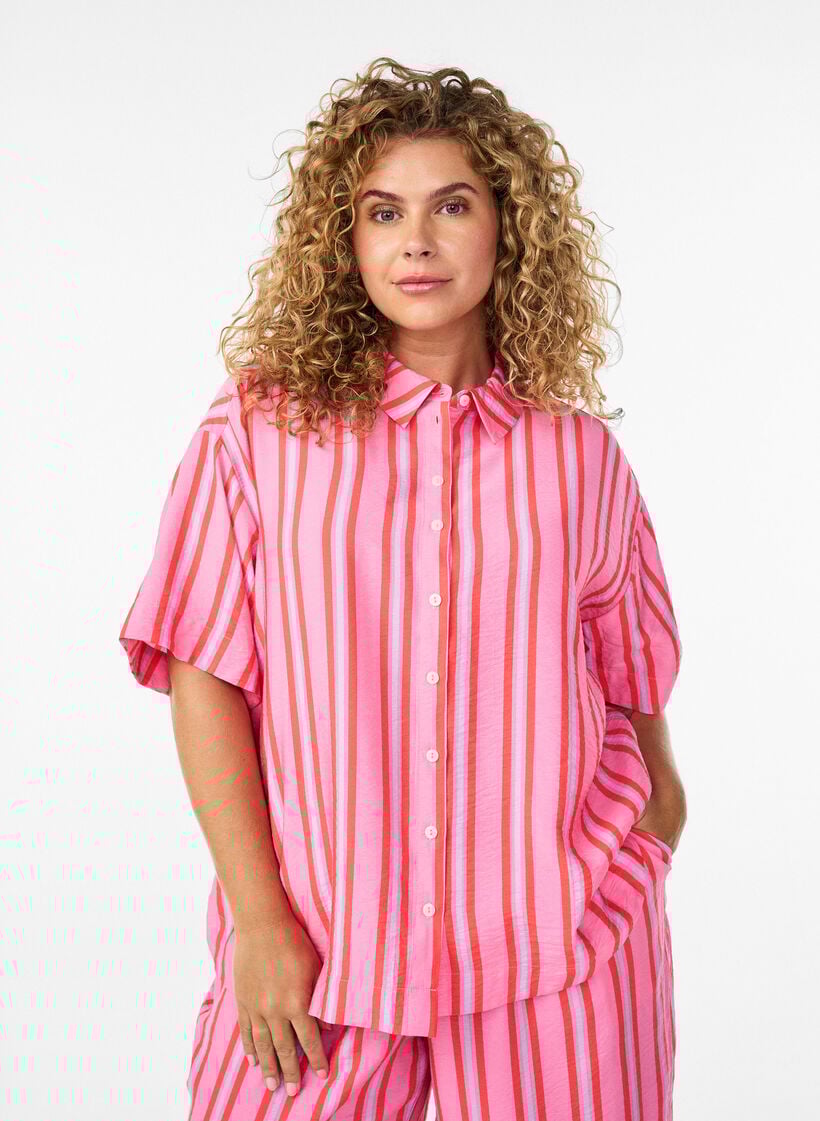 Striped viscose shirt with short sleeves, Pink, Model image number 0