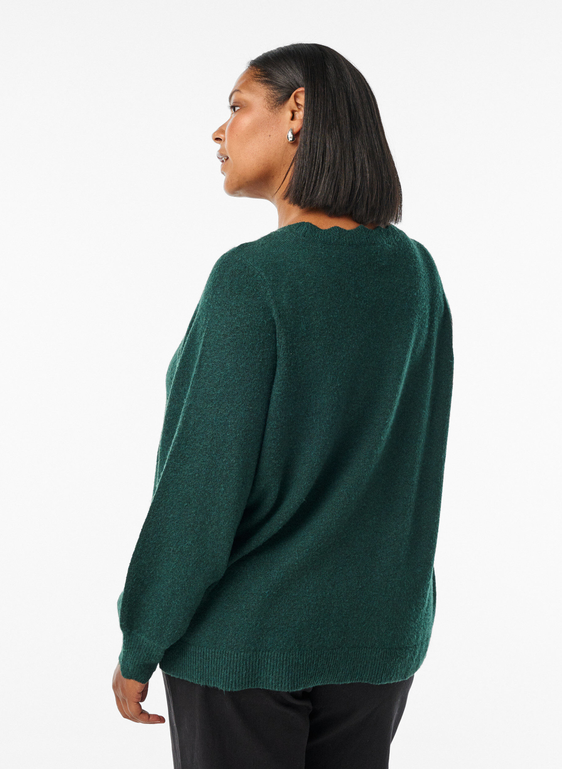 ZizzifashionKnitted blouse with wavy edges, Green, Model image number 2