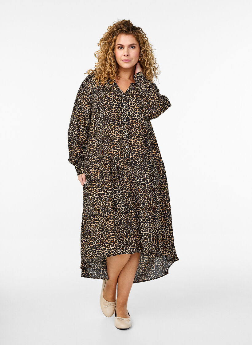 Printed viscose midi dress with long sleeves, Brown, Model image number 0