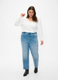 7/8 jeans with raw hems and high waist, Light blue denim, Model