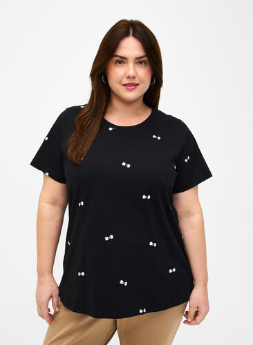 Organic cotton T-shirt with hearts, Black W. Bow Emb. , Model image number 0