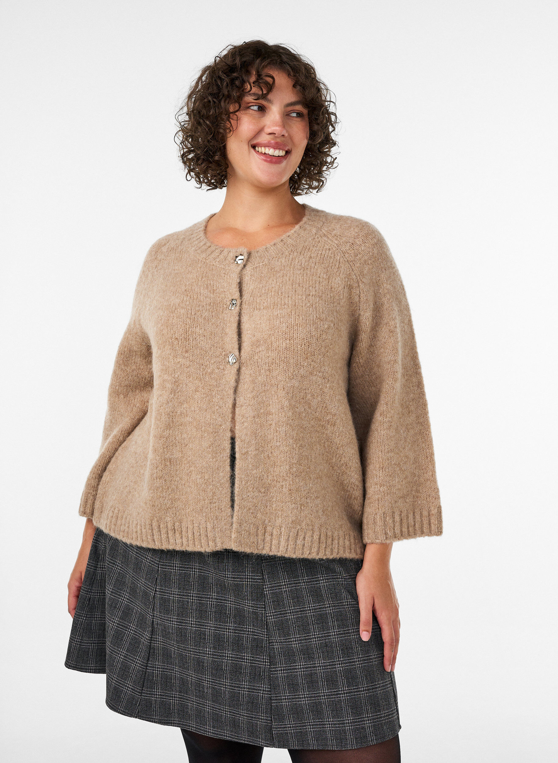 Wool blend cardigan with 3/4 sleeves, Beige, Model