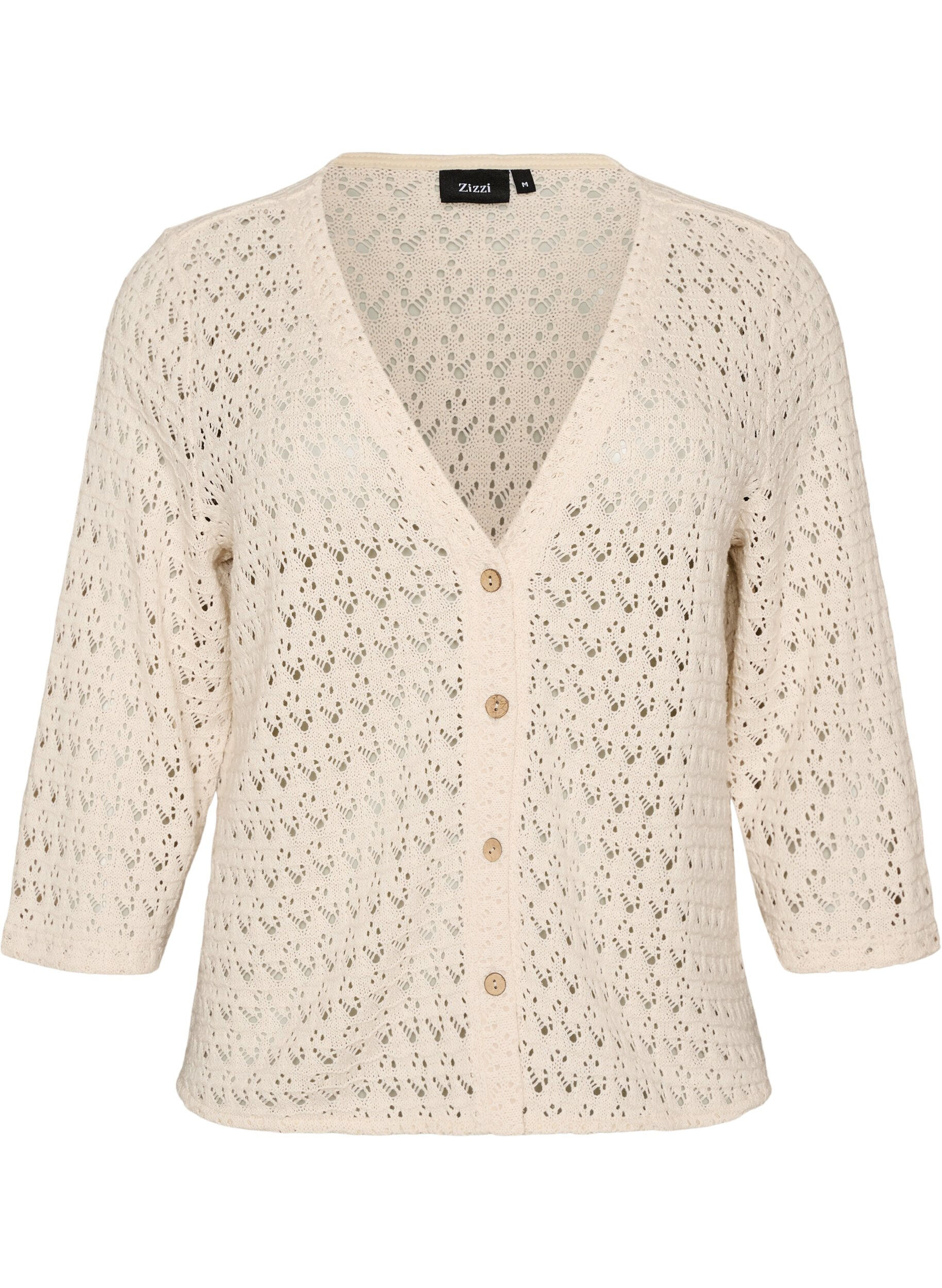 ZizzifashionKnitted cardigan with eyelet embroidery and a V-neck, Beige, Packshot image number 0