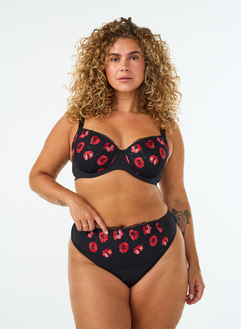 Microfibre thong with floral embroidery, Black, Model image number 0