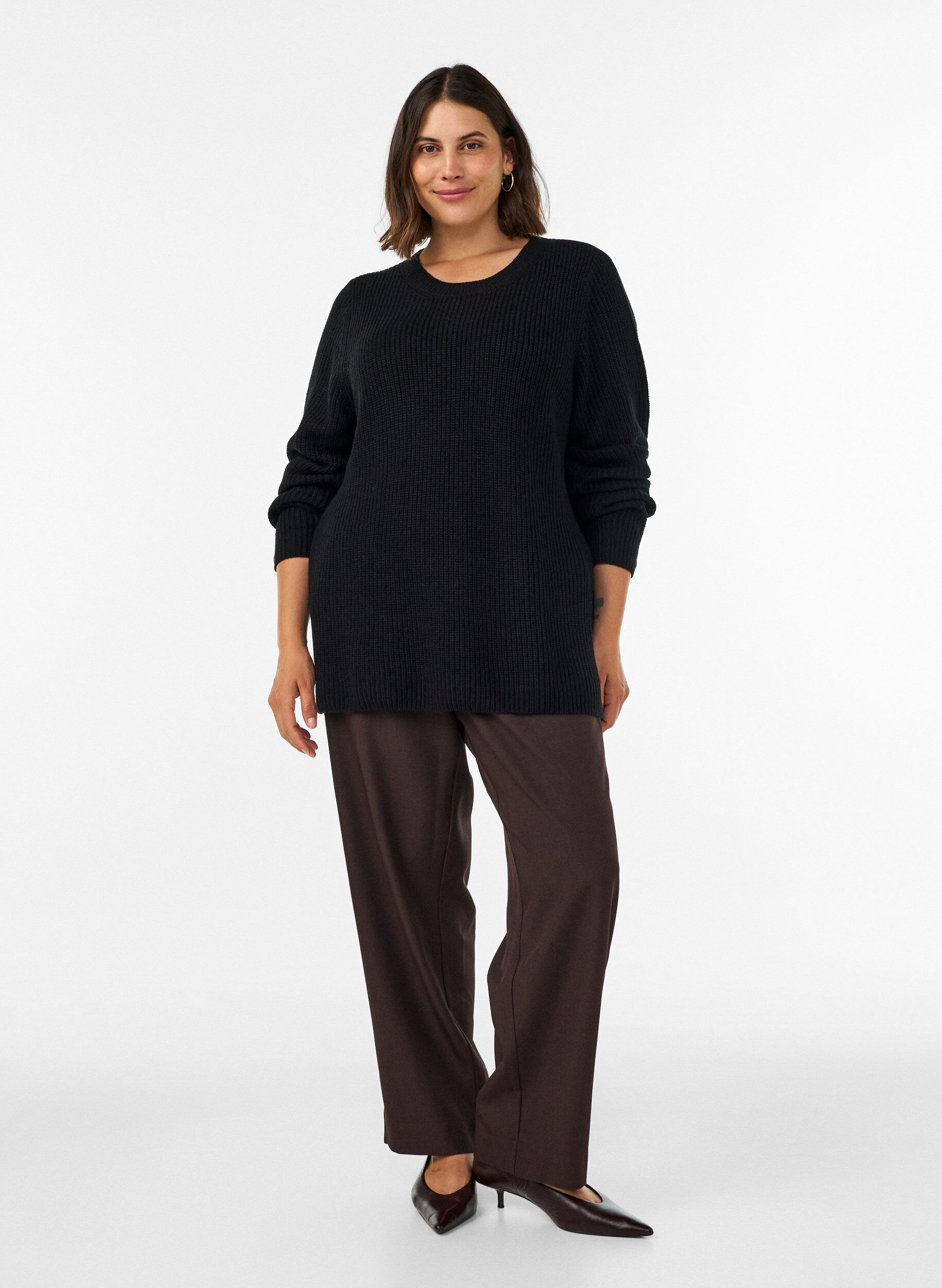ZizzifashionKnitted blouse with ribbed texture and button details, Black, Model image number 1