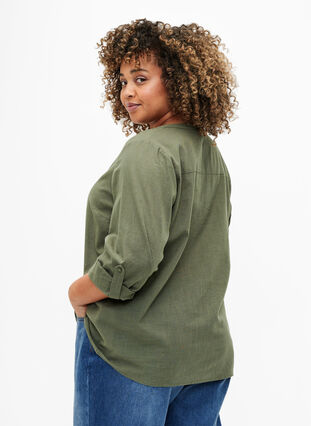 Shirt blouse in cotton with a v-neck, Thyme, Model image number 1