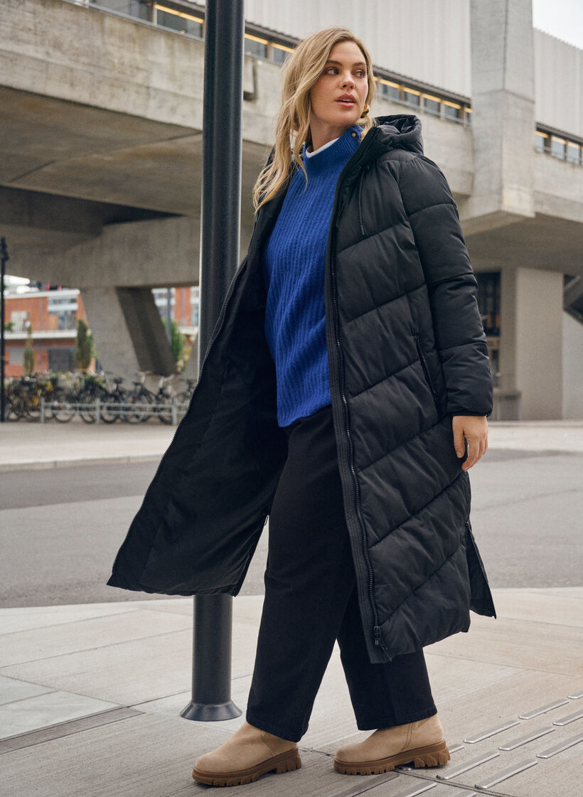 Long puffer coat with hood and pockets, Black, Image image number 0