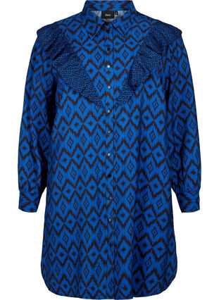 Long viscose shirt with print and frills, True blue w. Black, Packshot image number 0