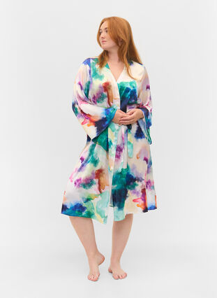Long-sleeved dressing gown with belt, Watercolor AOP, Model image number 2