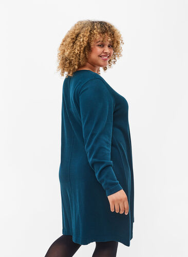 Knitted dress with v-neck in a cotton blend, Reflecting Pond, Model image number 1