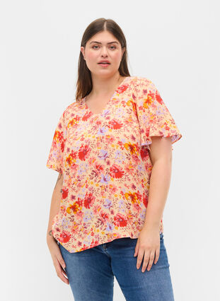 Short sleeved viscose blouse with floral print, Red Orange AOP, Model image number 0