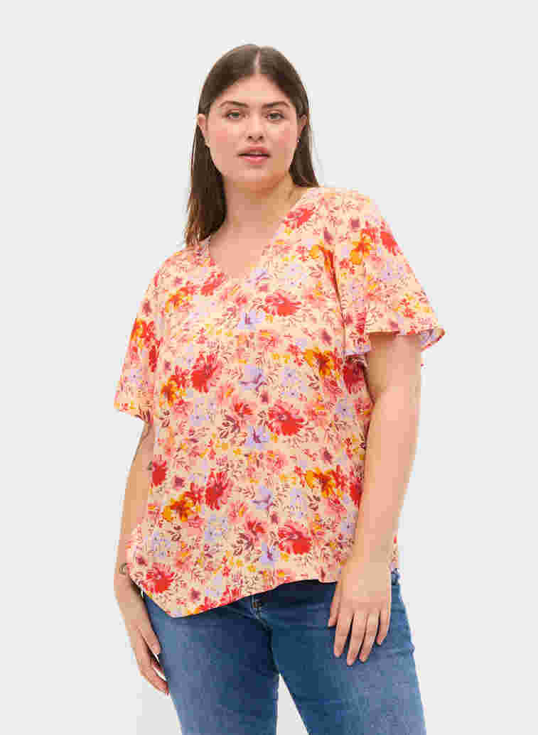 Short sleeved viscose blouse with floral print, Red Orange AOP, Model