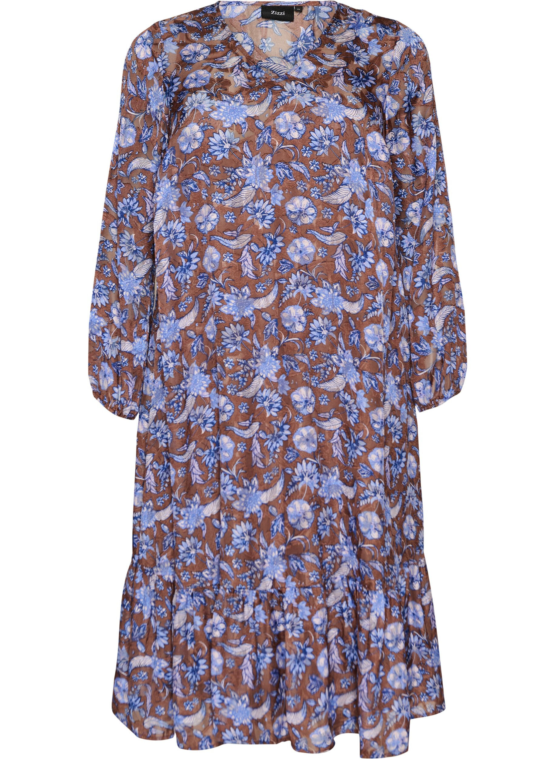 ZizzifashionMidi dress with floral print and ruffle hem, Brown, Packshot image number 0