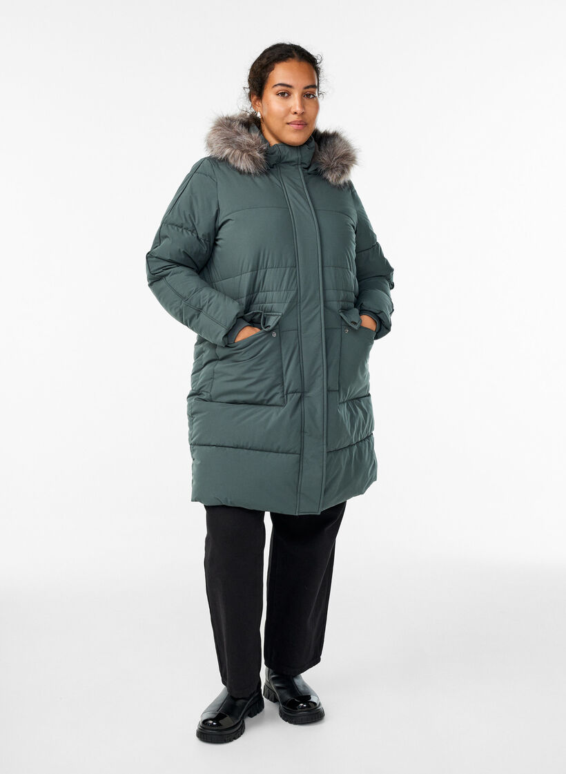 Water-repellent parka with faux fur Collar, Green, Model image number 1
