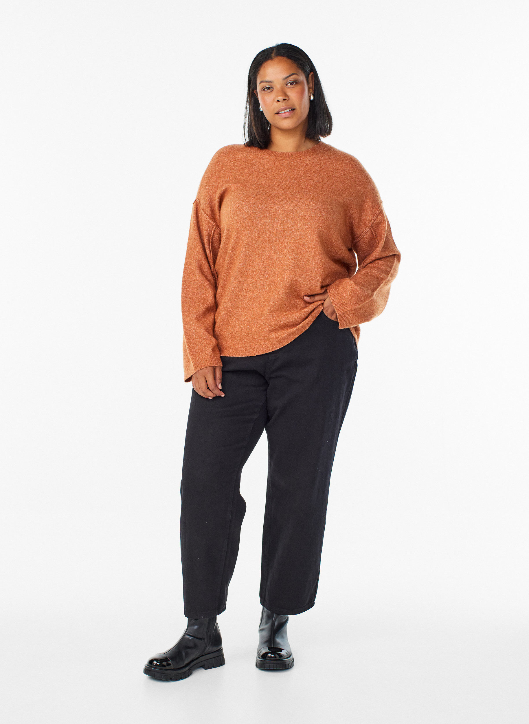 Zizzifashion Loose knit sweater with prominent seams, Orange, Model image number 1