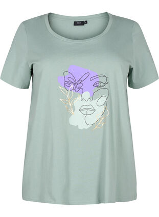 Cotton T-shirt with a motif, Ch. Green w. Face, Packshot image number 0
