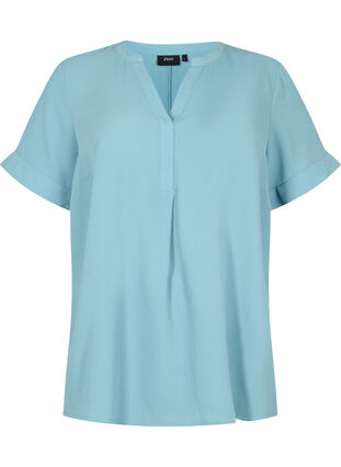 Short-sleeved v-neck blouse, Smoke Blue, Packshot image number 0