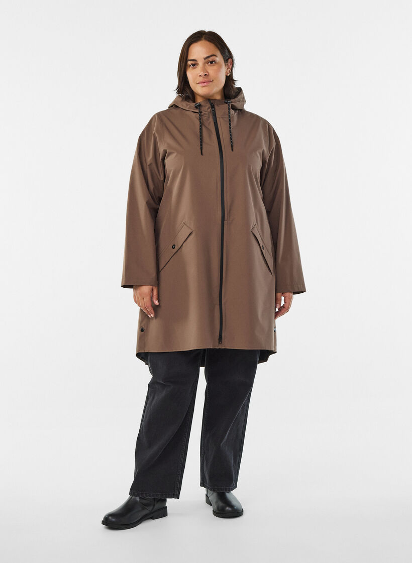 Rain jacket with pockets and hood, Brown, Model image number 1
