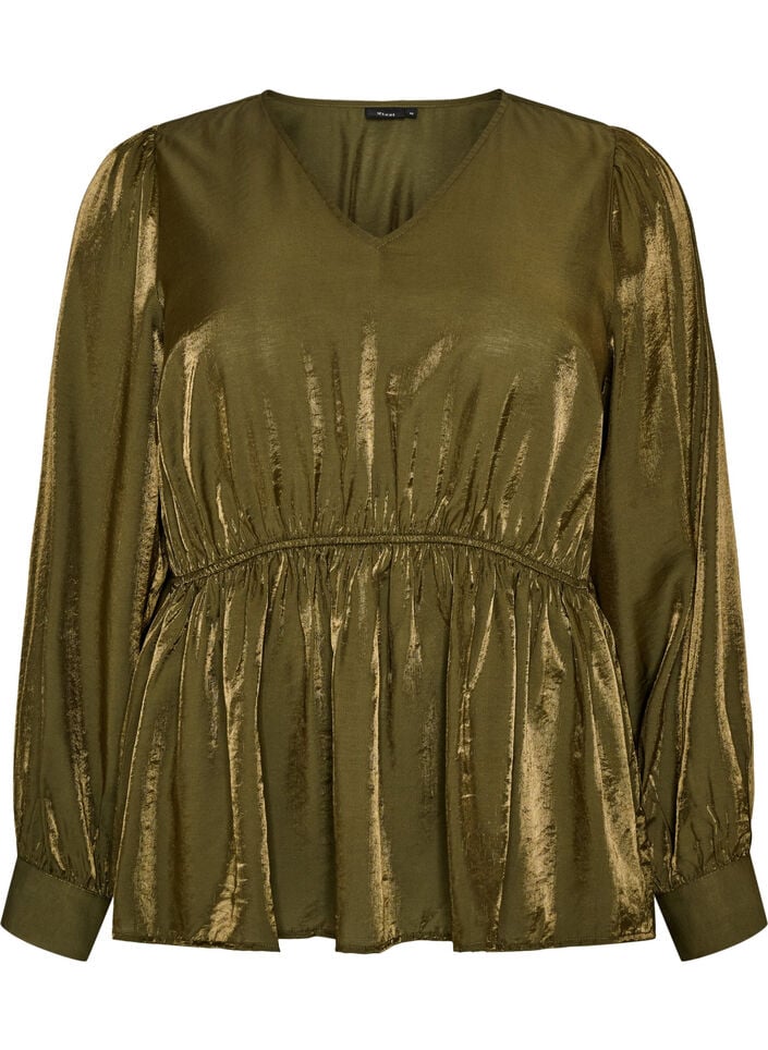 Shiny viscose blouse with peplum effect, Green, Packshot image number 0
