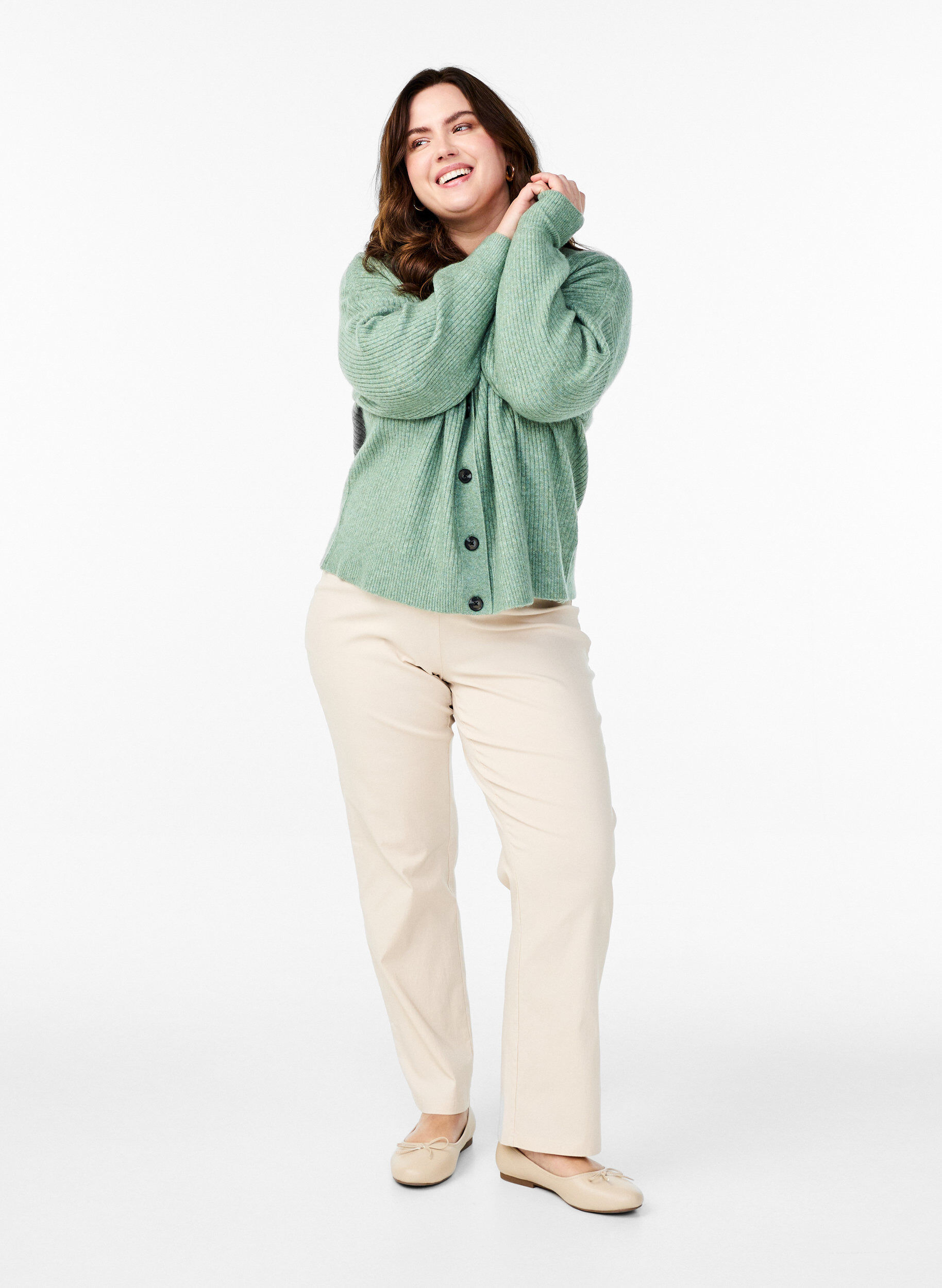 Zizzifashion Ribbed cardigan with buttons, Green, Model image number 1