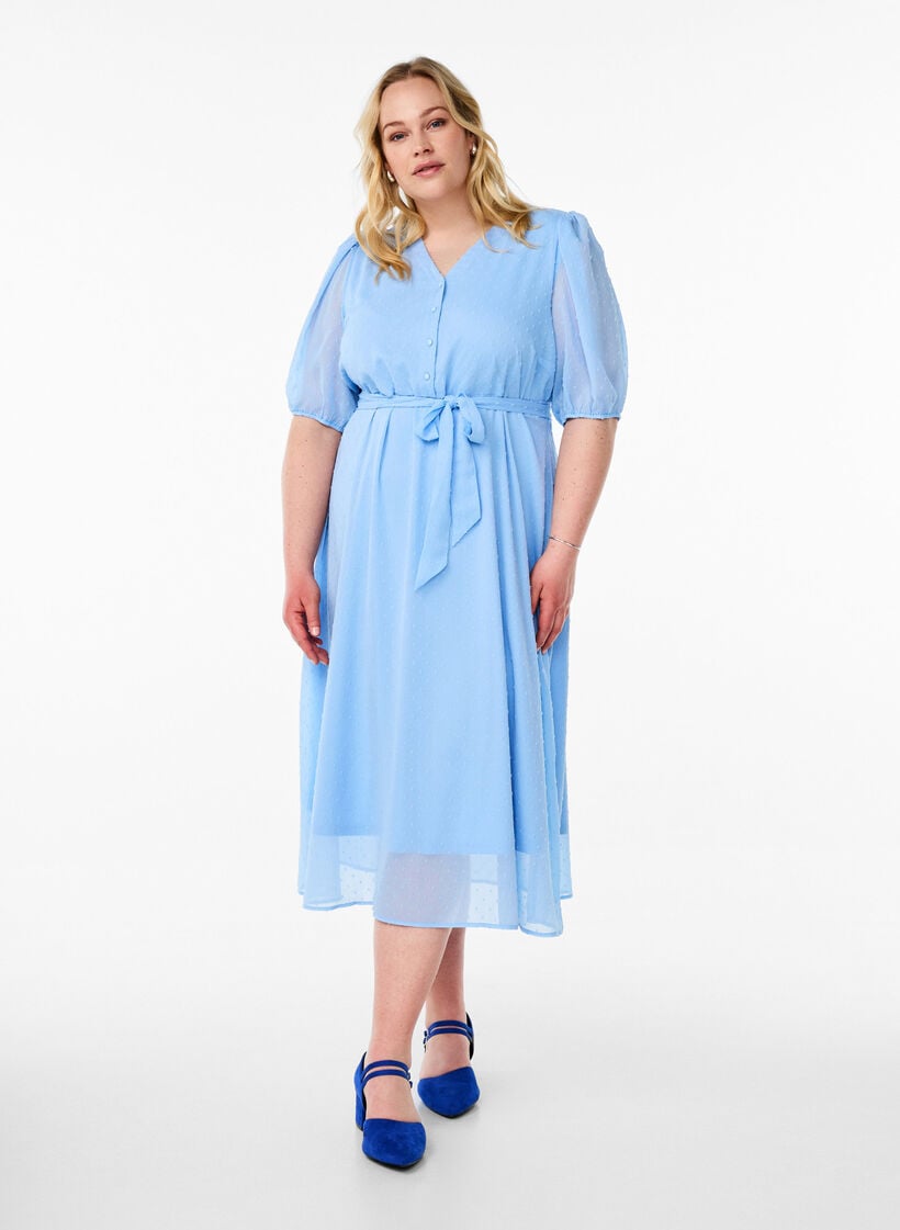 V-neck midi dress with tie fastening, Light Blue, Model image number 0