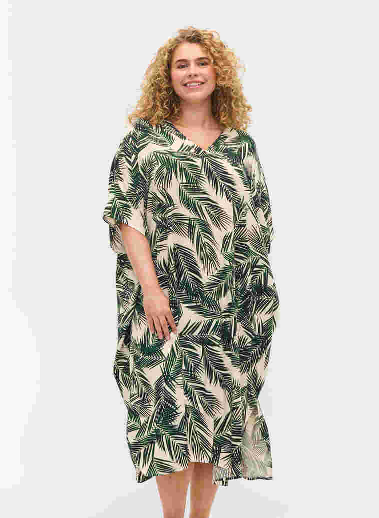Printed caftan viscose dress, Green Leaf, Model image number 0