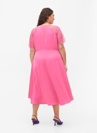 Midi dress with short lace sleeves, Shocking Pink, Model image number 1
