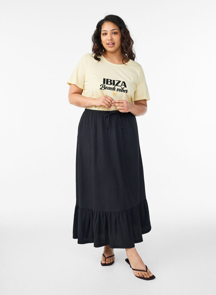 Long skirt with tie belt and ruffle hem, Black, Model image number 0
