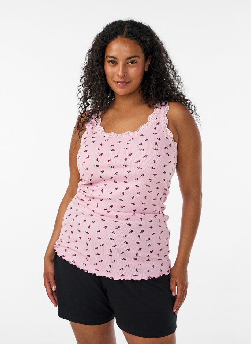 Top with print and lace edge, Red, Model image number 0