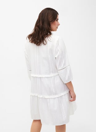 3/4 sleeve cotton dress with ruffles, Bright White, Model image number 1