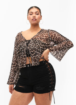 Long-sleeved mesh top with leopard print, Leo, Model image number 0