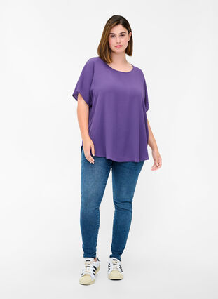 Blouse with short sleeves and a round neckline, Loganberry, Model image number 2