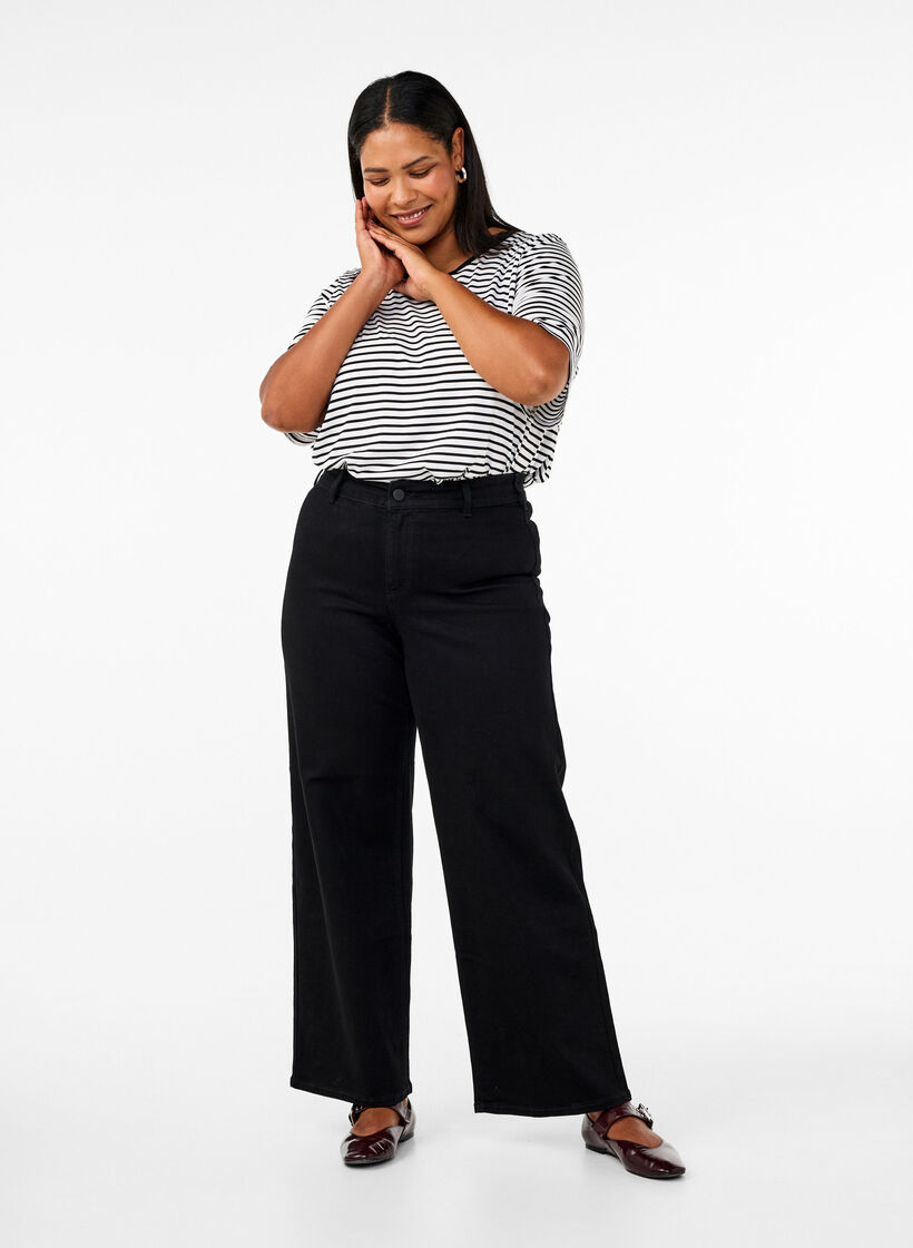 High-waisted jeans with wide legs, Black, Model image number 0