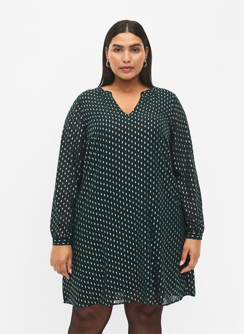 Long-sleeved dress with foil print, Scarab w. Silver, Model image number 0