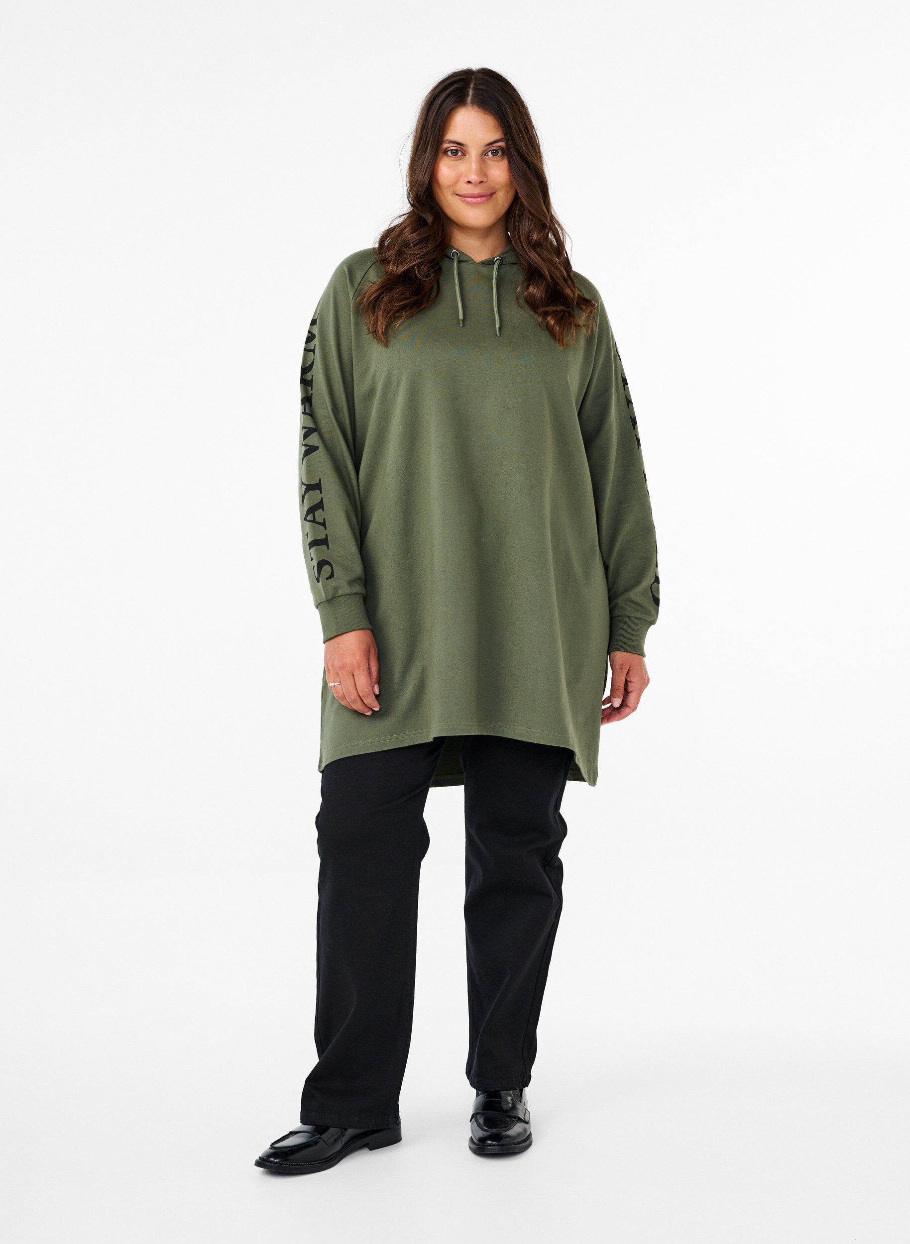 Zizzifashion Oversize sweatshirt with print on the sleeves, Thyme w. Black, Model image number 2