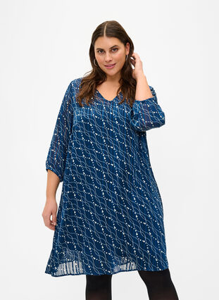 Printed dress with v-neck and 3/4 sleeves, Dress Bl. Swirl AOP, Model image number 0