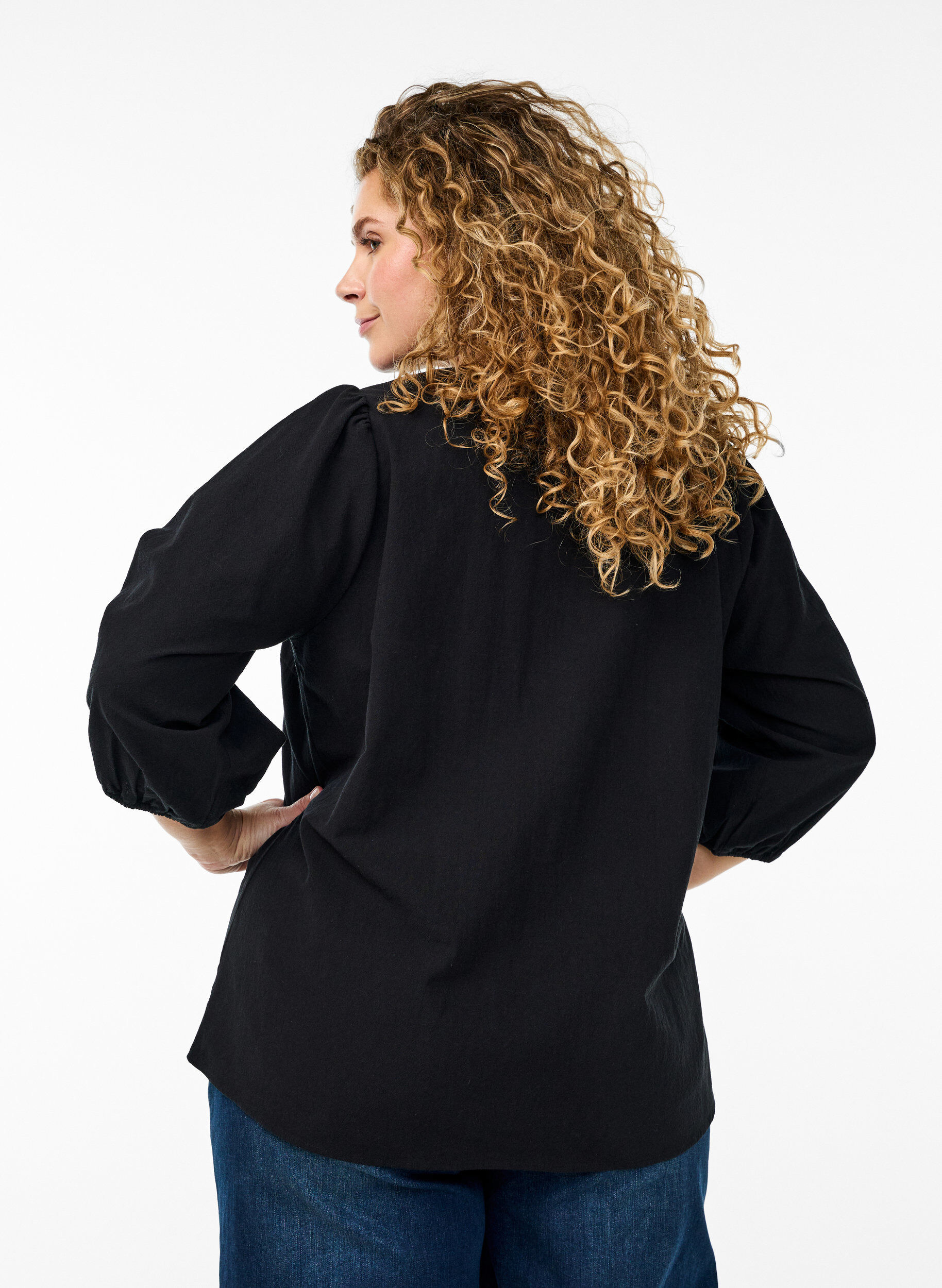 Zizzifashion 3/4 Sleeve cotton blouse, Black, Model image number 2
