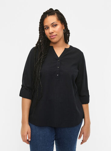 Shirt blouse in cotton with a v-neck, Black, Model image number 0