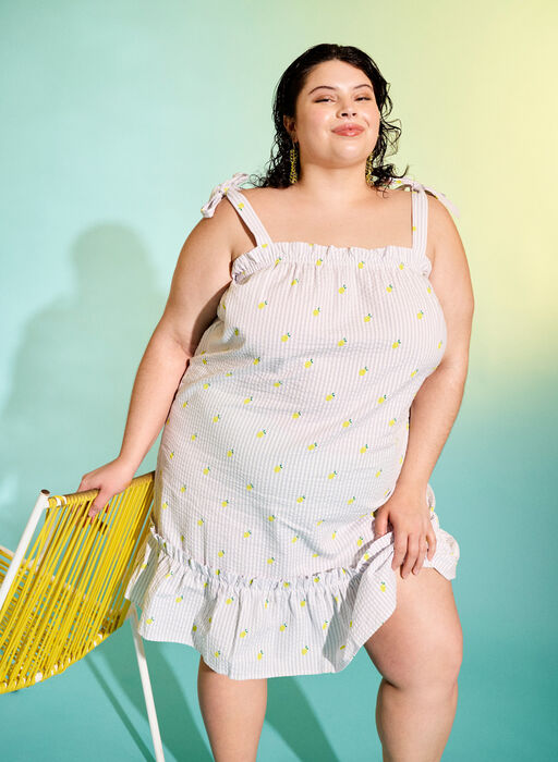 Beach dress in cotton with tie straps, Lemon Print, Image image number 0