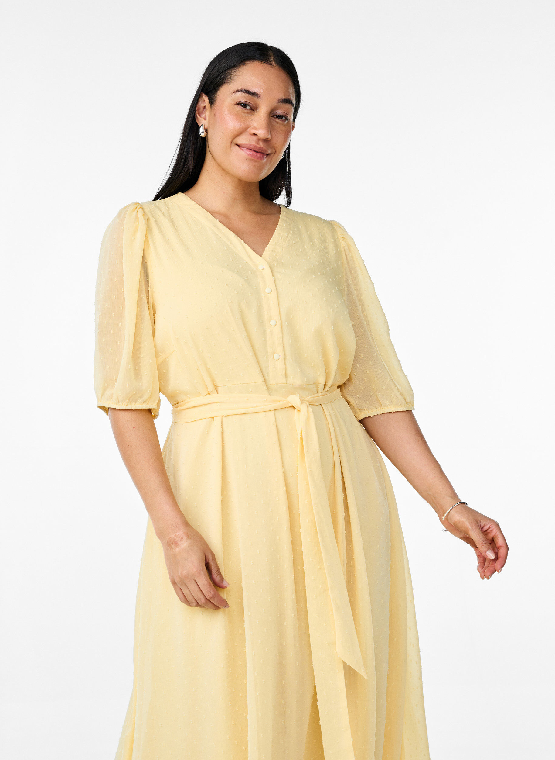 ZizzifashionV-neck midi dress with tie fastening, Yellow, Model image number 2
