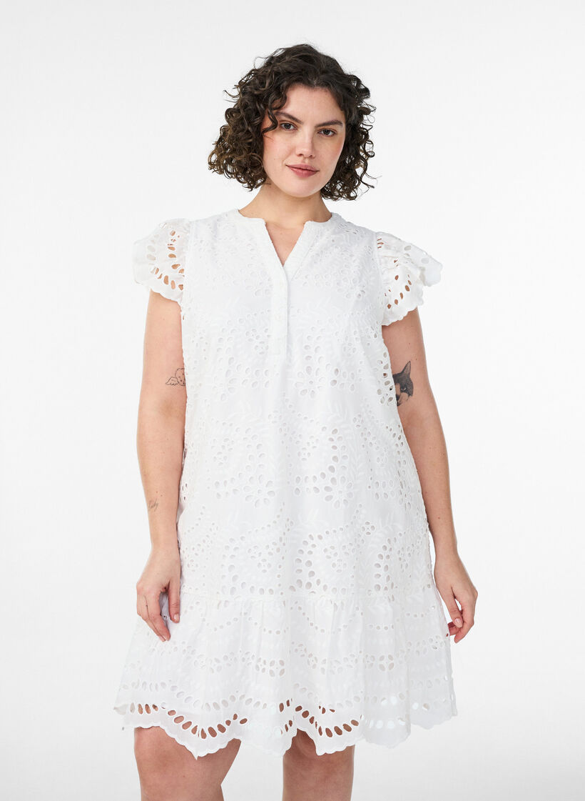 Broderie anglaise dress with ruffle sleeves, White, Model image number 0