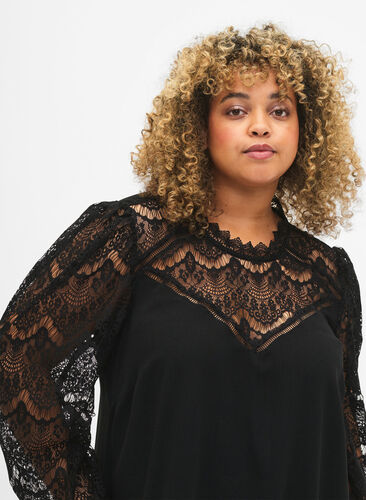 Long sleeve dress with lace, Black, Model image number 2
